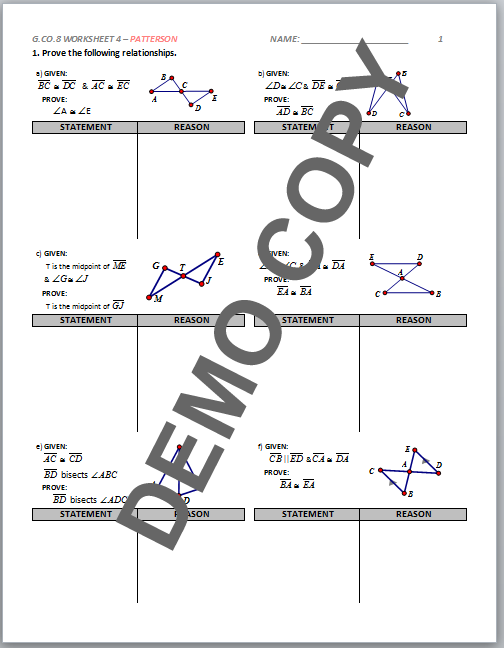 High School Geometry Common Core G CO B 8 Congruence Criteria Activities Patterson