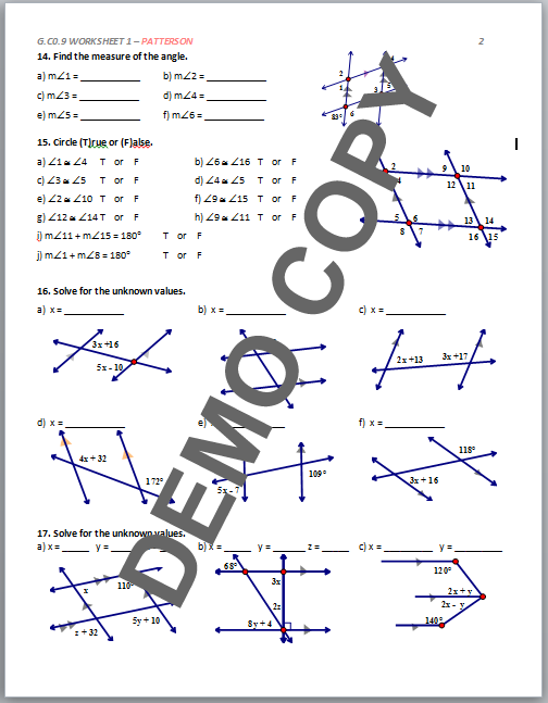 High School Geometry Common Core G.CO.C.9 - Proof (Lines & Angles