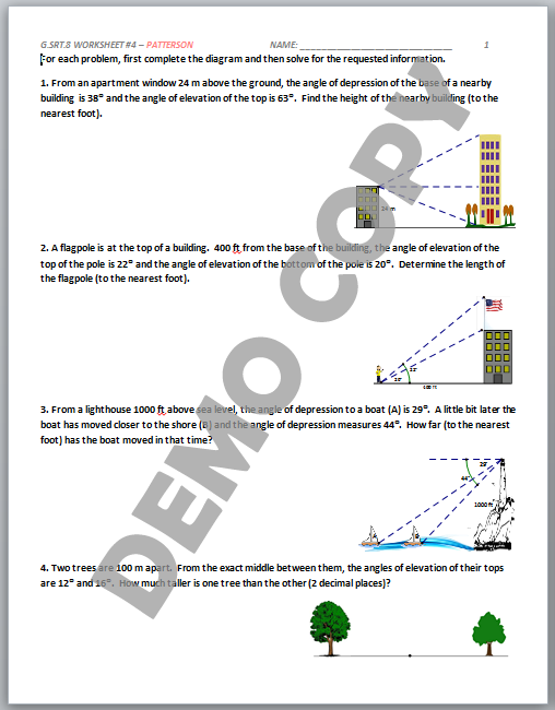 High School Geometry Common Core G SRT C 8 Trigonomettry Problems Activities Patterson