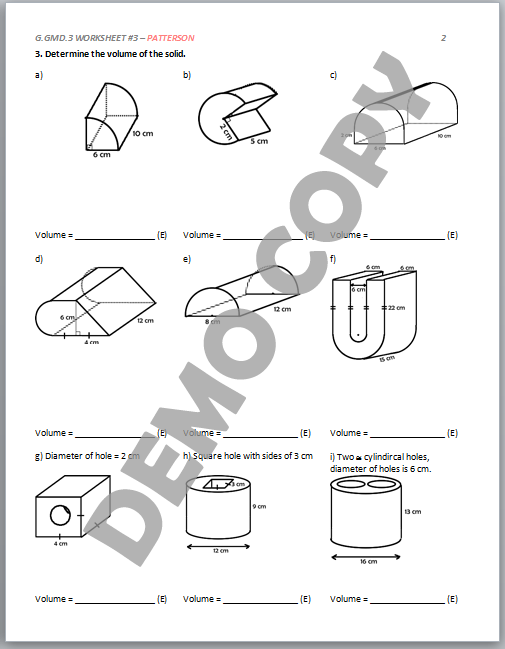 High School Geometry Common Core G GMD A 3 Applying Volume Formulas Activities Patterson