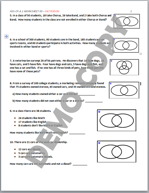 High School Geometry Common Core HSS CP A 1 Sample Spaces Venn Diagrams Activities Patterson