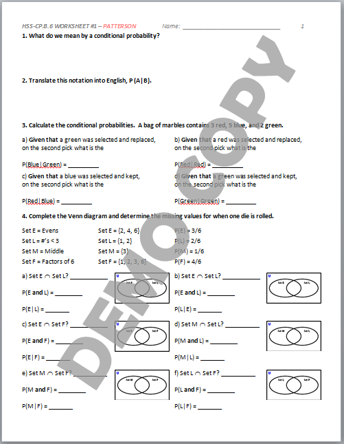 High School Geometry Common Core HSS CP A 1 Sample Spaces Venn Diagrams Activities Patterson